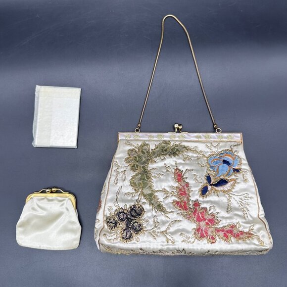 Vintage Geisha Embroidered Handbag Purse Floral Silk Chain Handle Mid Century - Picture 3 of 12